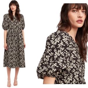 THE GREAT. Black and Cream Floral Puff-Sleeve Midi Dress
